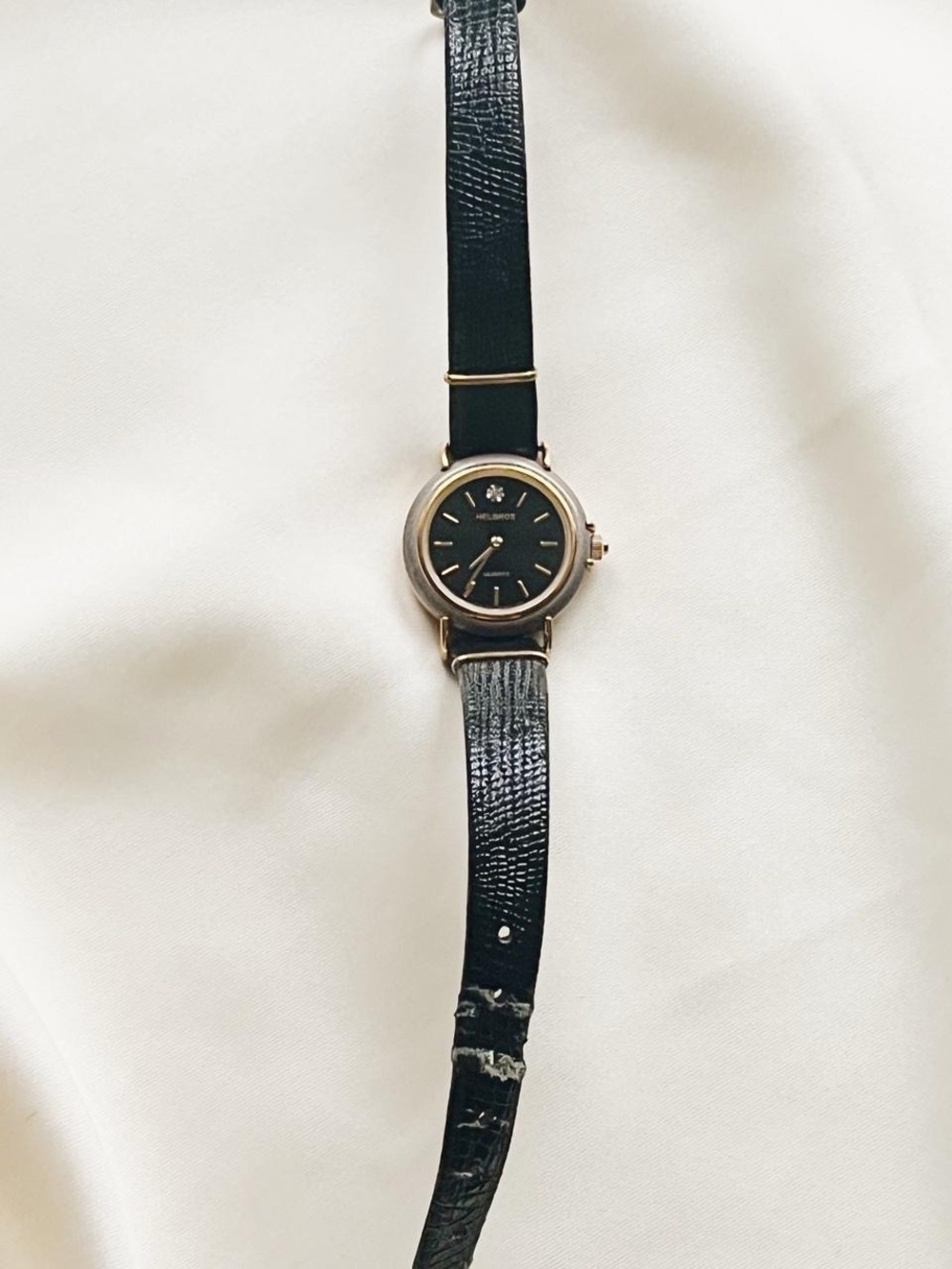 Timeless Vintage Helbros Black Leather Women's Wristwatch - Gold Accents